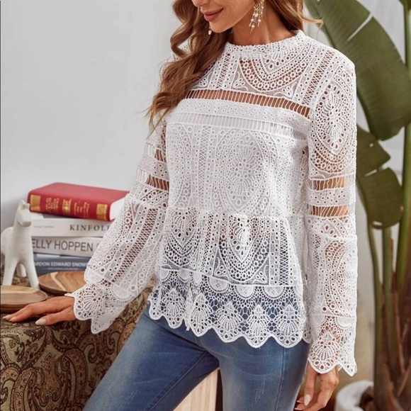 Tops - Boho scallop trim sheer guipure lace white top blouse